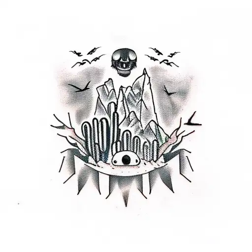 horror-themed desert tattoo: Eerie poles, city ghostly mirage, spooked cacti, crows, casting a mysterious spell. tattoo design idea