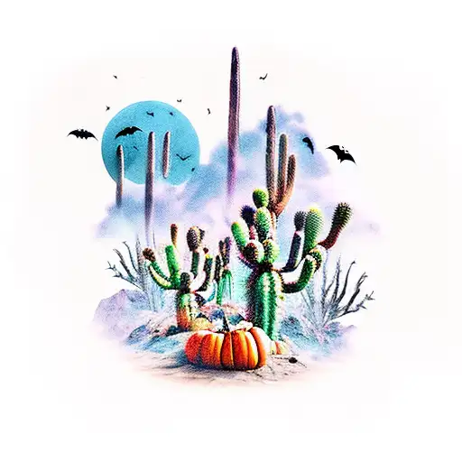 Halloween-themed desert tattoo: Eerie poles, city ghostly mirage, spooked cacti, crows, casting a mysterious spell. tattoo design idea
