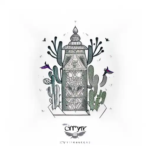 city mirage, cacti, crows—intricate beauty, serene expanse, and vibrant life, inked with precision. tattoo design idea
