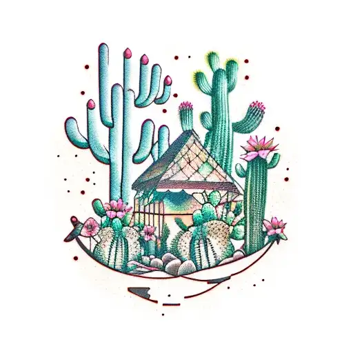 city mirage, cacti, crows—intricate beauty, serene expanse, and vibrant life, inked with precision. tattoo design idea