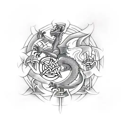 A medieval dragon infused into a Celtic cross with words and Celtic, talking about the death tattoo design idea