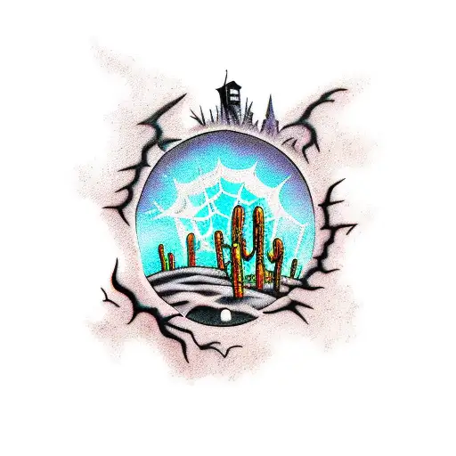 Halloween-themed desert tattoo: Eerie poles, city ghostly mirage, spooked cacti, crows, casting a mysterious spell. tattoo design idea