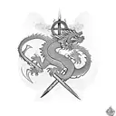 A dragon surrounded by Harry Potter wand magic fight with a Celtic cross on it tattoo design idea