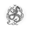 A dragon surrounded by Harry Potter wand magic fight with a Celtic cross on it tattoo design idea