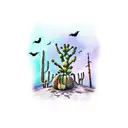 Halloween-themed desert tattoo: Eerie poles, city ghostly mirage, spooked cacti, crows, casting a mysterious spell hot tattoo design idea