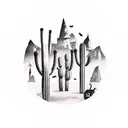 Halloween-themed desert tattoo: Eerie poles, city ghostly mirage, spooked cacti, crows, casting a mysterious spell hot tattoo design idea