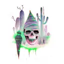 Halloween-themed desert tattoo: Eerie poles, city ghostly mirage, spooked cacti, crows, casting a mysterious spell hot tattoo design idea