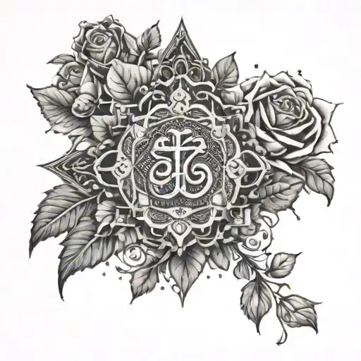 An intricate dotwork design of a religious symbol surrounded by delicate roses tattoo design idea