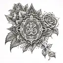 An intricate dotwork design of a religious symbol surrounded by delicate roses tattoo design idea