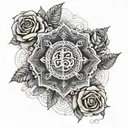 An intricate dotwork design of a religious symbol surrounded by delicate roses tattoo design idea