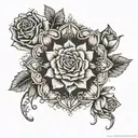 An intricate dotwork design of a religious symbol surrounded by delicate roses tattoo design idea