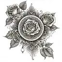 An intricate dotwork design of a religious symbol surrounded by delicate roses tattoo design idea