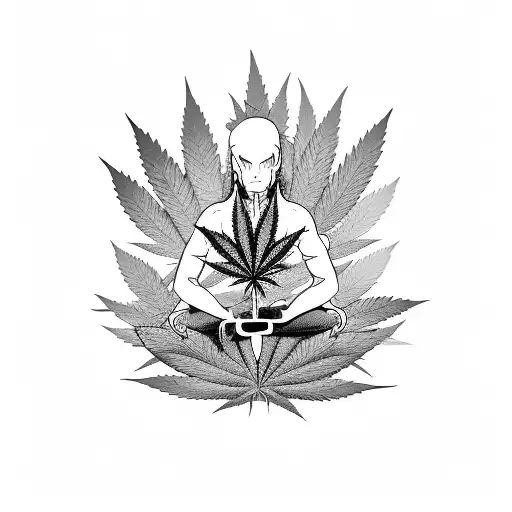 A gamer in a yoga pose surrounded by cannabis leaves tattoo design idea