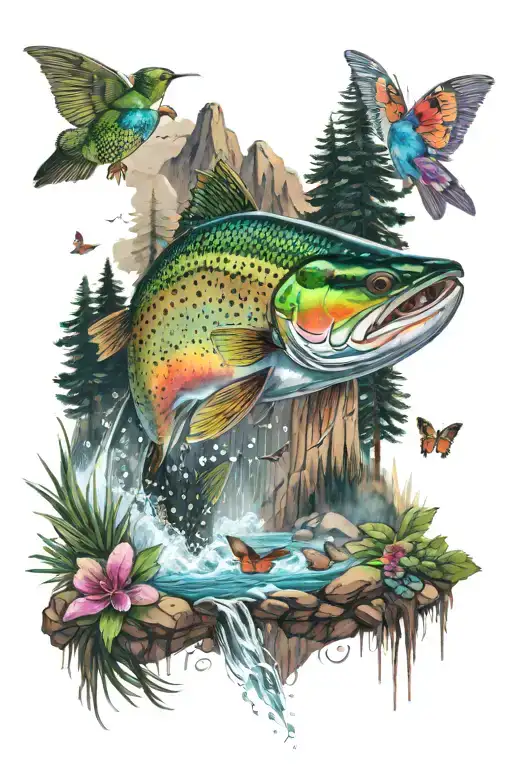 Rainbow trout jumping out of river with 5 pine trees and mountain flowers background with humming bird and  butterflies tattoo design idea
