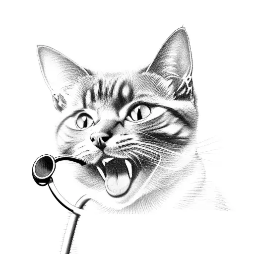 A black-grey tattoo of a cat wearing a stethoscope with paw prints forming a heart shape tattoo design idea