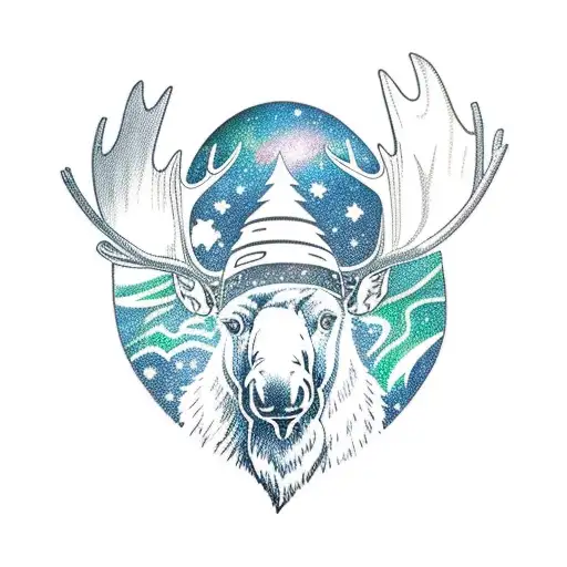 a moose with a hockey helmet with northern lights in the background tattoo design idea