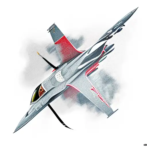 An abstract interpretation of a fighter jet flying over a hockey rink, symbolizing the client's dual interests in aviation and hockey tattoo design idea