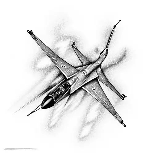 An abstract interpretation of a fighter jet flying over a hockey rink, symbolizing the client's dual interests in aviation and hockey tattoo design idea