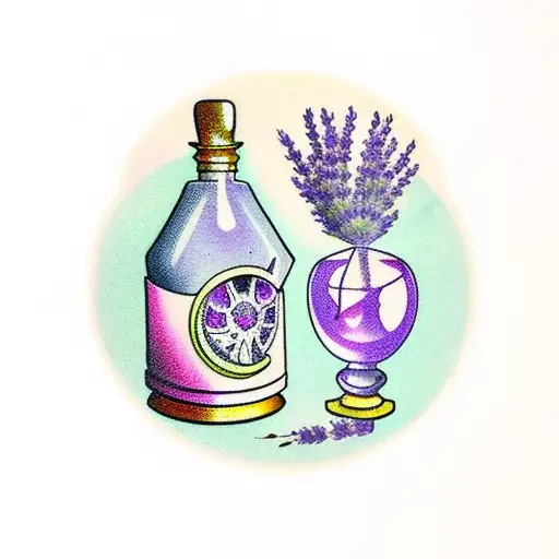 potion bottle with lavender bunch tied to bottle and crystal plugging bottle top tattoo design idea