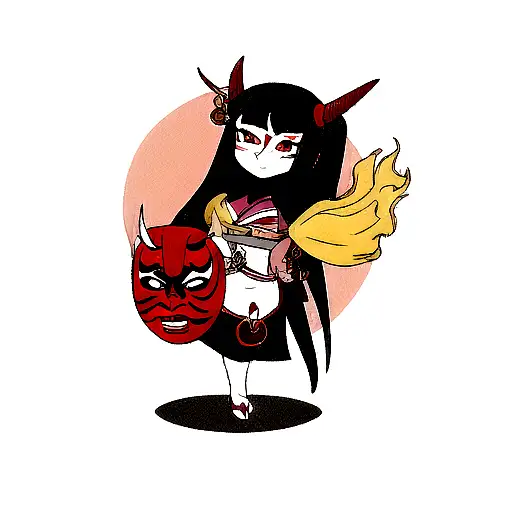 Anime Geisha Holding An Oni Mask Tattoo Idea Blackink Ai