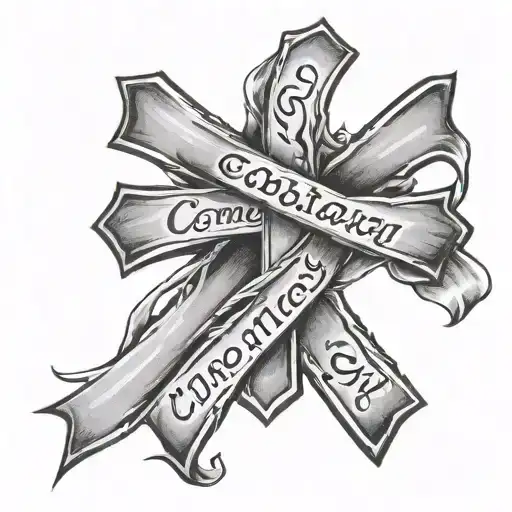 black cross with gray cancer ribbon wrapped around the cross. include the words "Come What May" tattoo design idea