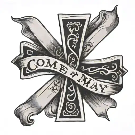 black cross with gray cancer ribbon wrapped around it with the words "Come What May" tattoo design idea