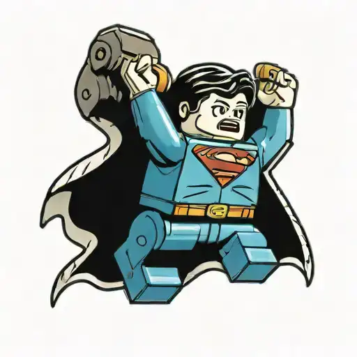 tattoo drawing of lego  superman holding the his arms above his head lifting a bus. on a flat piece of paper tattoo design idea