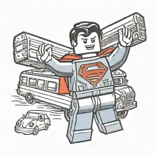 tattoo drawing of lego  superman holding the his arms above his head lifting a bus. on a flat piece of paper tattoo design idea