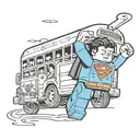 tattoo drawing of lego  superman holding the his arms above his head lifting a bus. on a flat piece of paper tattoo design idea
