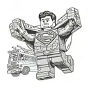 tattoo drawing of lego  superman holding the his arms above his head lifting a bus. on a flat piece of paper tattoo design idea