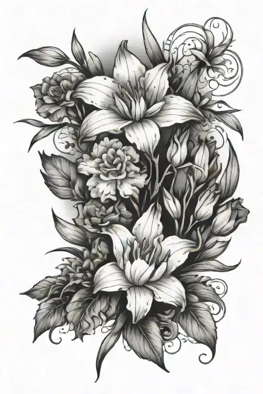 flowers, gladiolus, carnation, water lily  tattoo design idea