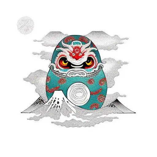 Dragon around Mt. Fuji with 3 Daruma Dolls tattoo design idea
