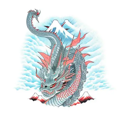 Wise Dragon protecting Mt. Fuji at sunrise and coiling around 3 large red Dar tattoo design idea