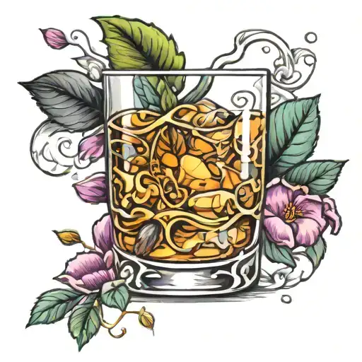 A traditional style tattoo of a whisky glass filled with Tania rose petals and leaves tattoo design idea