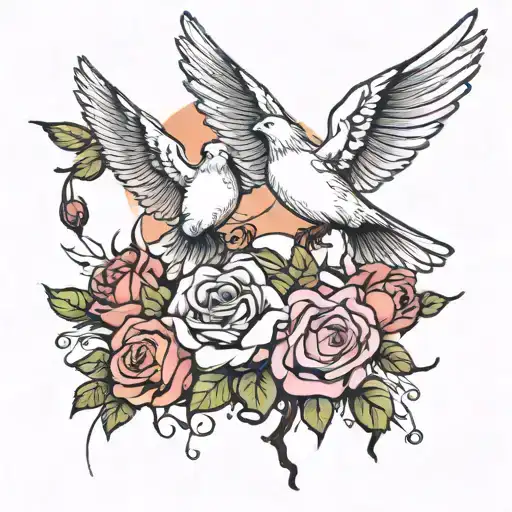 doves flying, roses, mountain, cross tattoo design idea