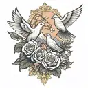 doves flying, roses, mountain, cross tattoo design idea