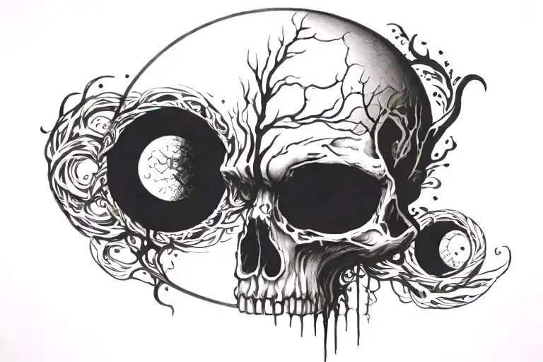 Skull, Eye without eyebrows, moon intertwined tattoo design idea