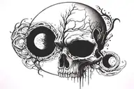 Skull, Eye without eyebrows, moon intertwined tattoo design idea
