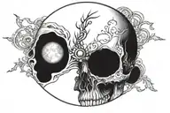 Skull, Eye without eyebrows, moon intertwined tattoo design idea