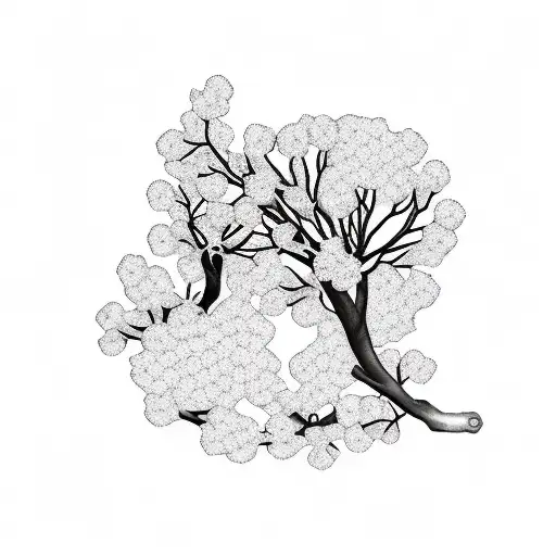 Create a sleeve tattoo featuring cherry blossom tree branches intertwined with military dog tags tattoo design idea