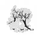 Create a sleeve tattoo featuring cherry blossom tree branches intertwined with military dog tags tattoo design idea