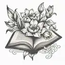 An open book with tulips and daffodils growing out of the middle  tattoo design idea