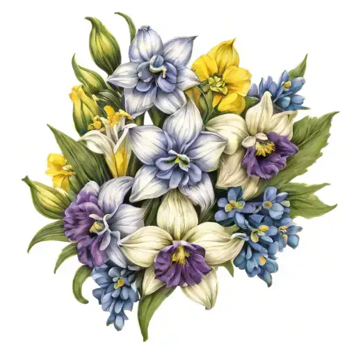 larkspur, poppy, daffodil trio tattoo design idea