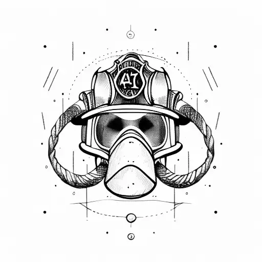 firefighter's mask with a k-12 saw and a NY hook tattoo design idea