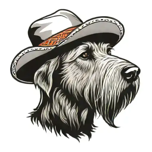 Irish Wolfhound wearing a cowboy hat, and a bandana around their neck tattoo design idea