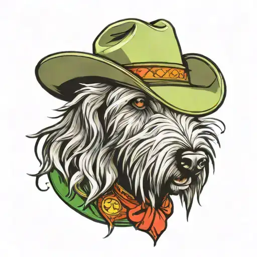 Irish Wolfhound wearing a cowboy hat, and a bandana around their neck tattoo design idea