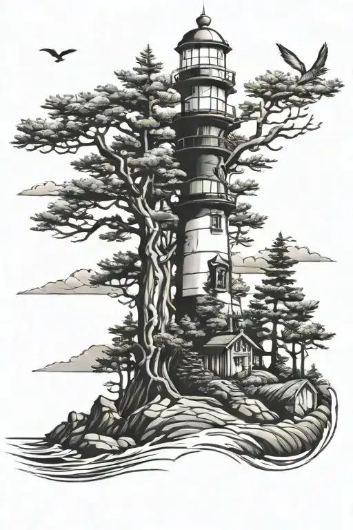 lighthouse anchor pine tree growing tattoo design idea