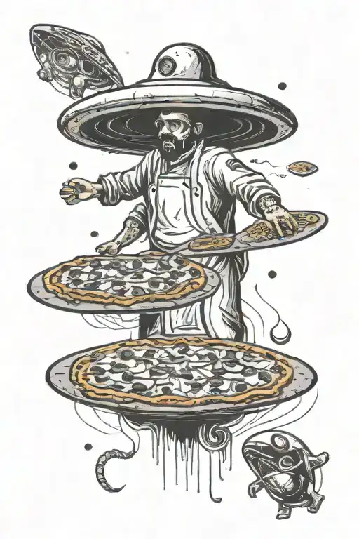 pizza chef being abducted from restaurant with a extra-cheesy-pizza into a UFO with aliens red light. tattoo design idea