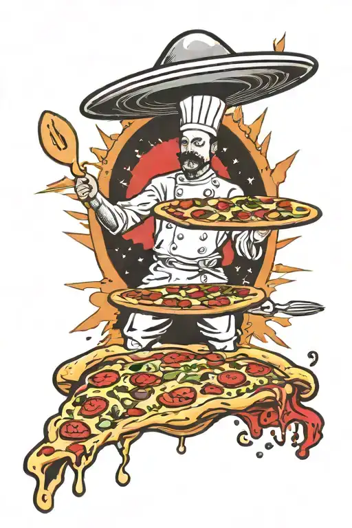 pizza and chef abducted into ufo red beam tattoo design idea