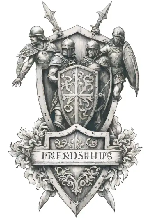 Roman Soldiers in a shield wall with the words "friendships shall forever be strong" in Latin tattoo design idea